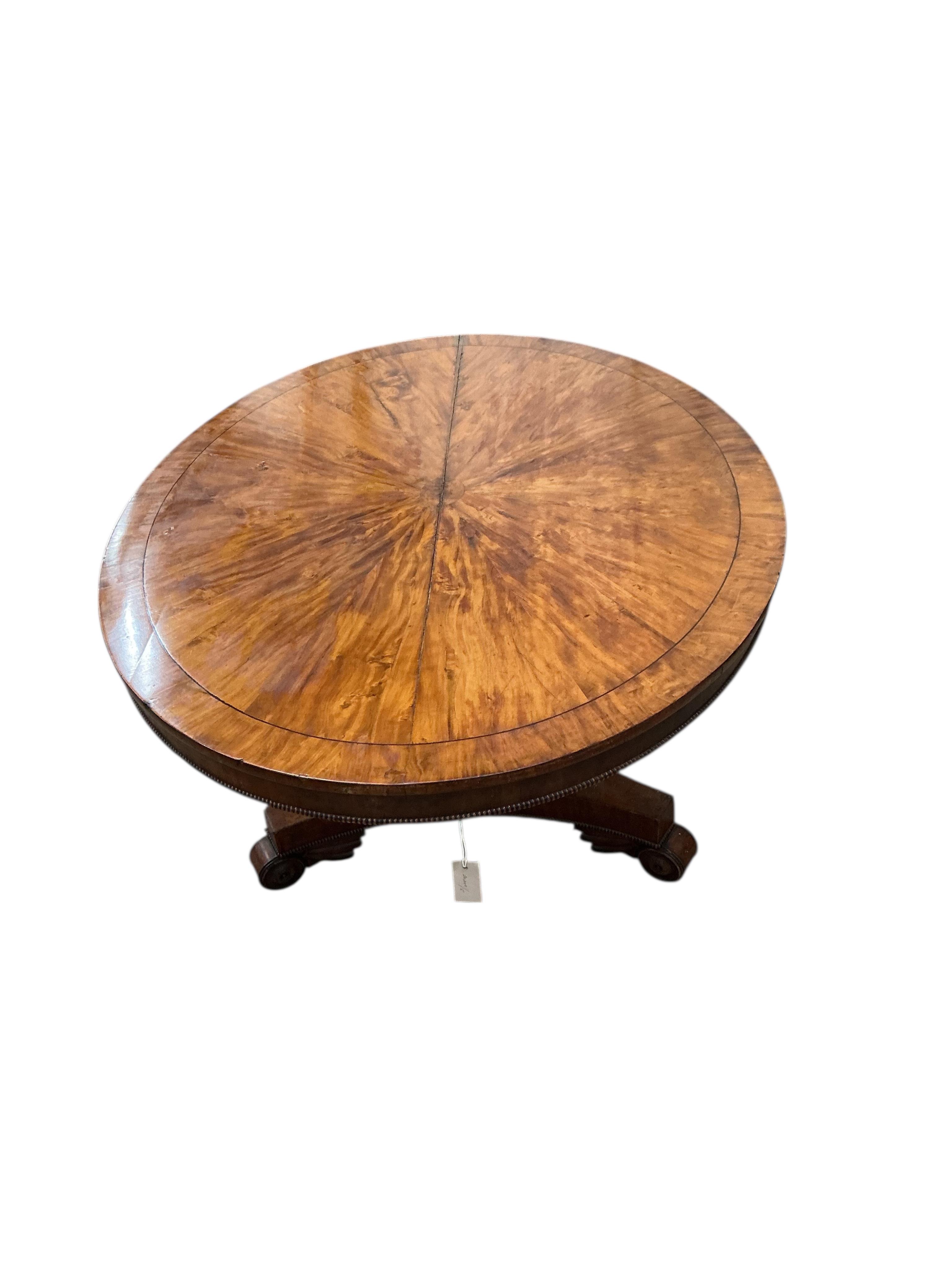 A George IV oval satinwood tilt top dining table (a.f.), width 144cm, depth 112cm, height 74cm